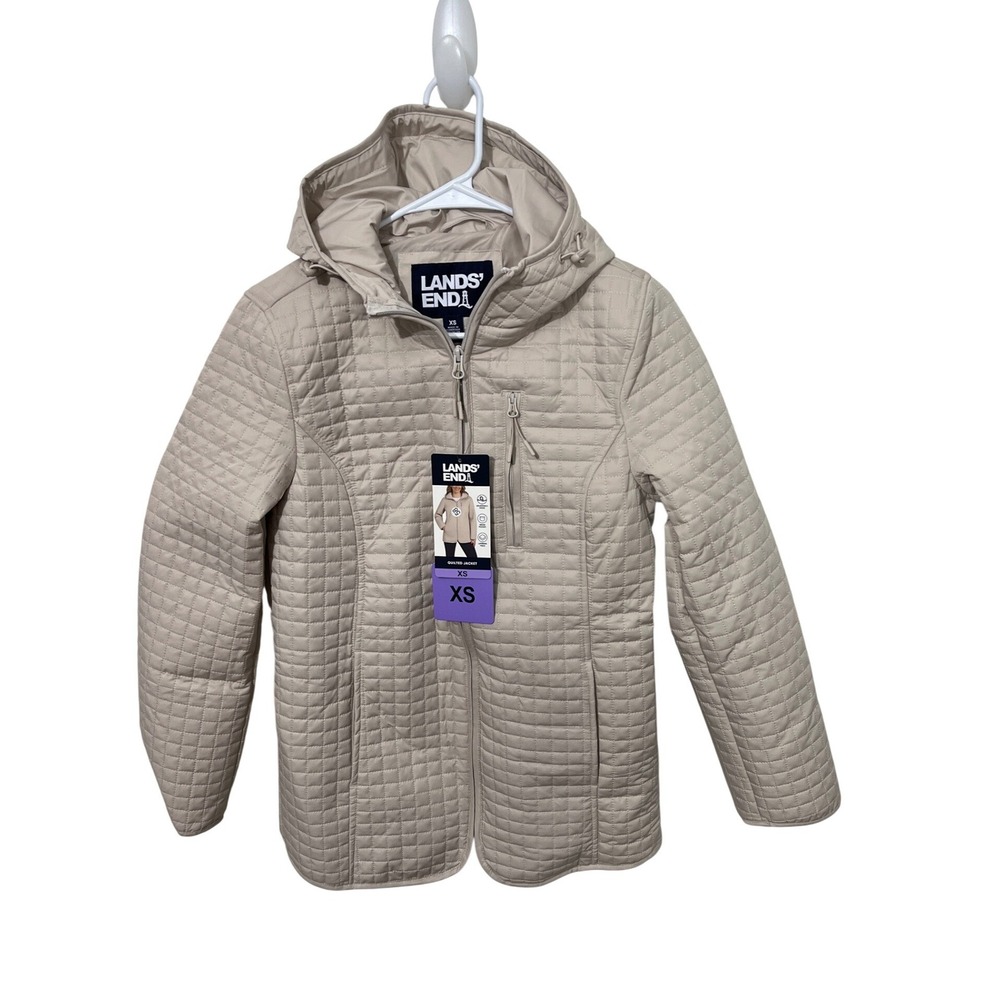 Lands End Quilted Jacket Womens XS Tan Beige Hooded Full Zip Lightweight Puffer